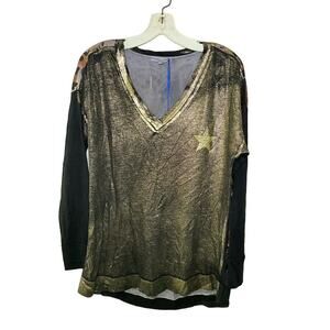 Tempo Paris Shirt Top Women's M/L Black/Gold Glitter Leopard Print V-Neck Cotton